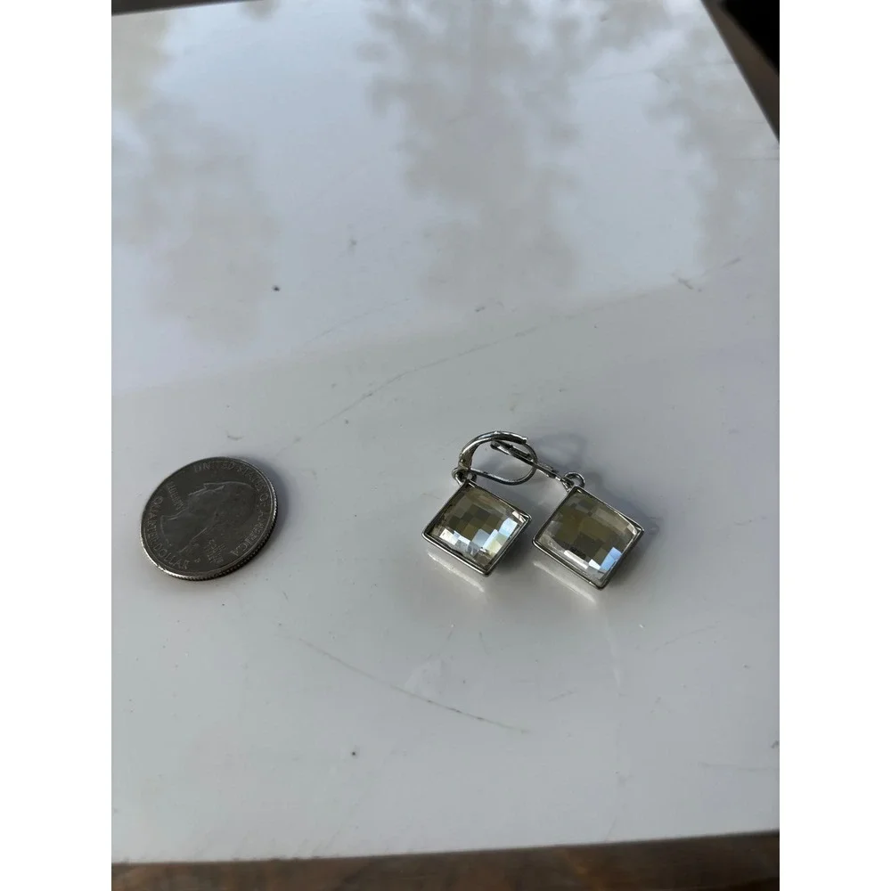Vintage Crystal Leverback Earrings OS Champagne‎ Silver Square Geometric Retro